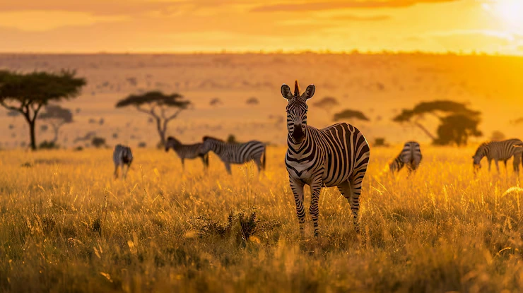 Wild zebras roaming the Masai Mara savanna on a budget Kenya safari